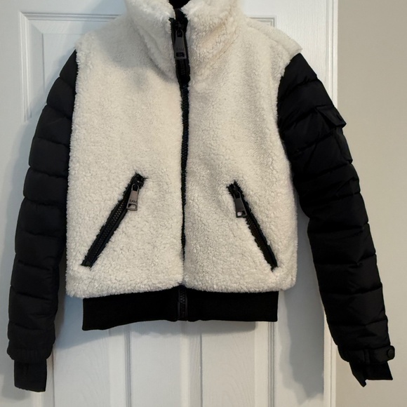 SAM. Carson Fleece Bomber Coat In Matte Black/white Sherpa - Picture 3 of 8